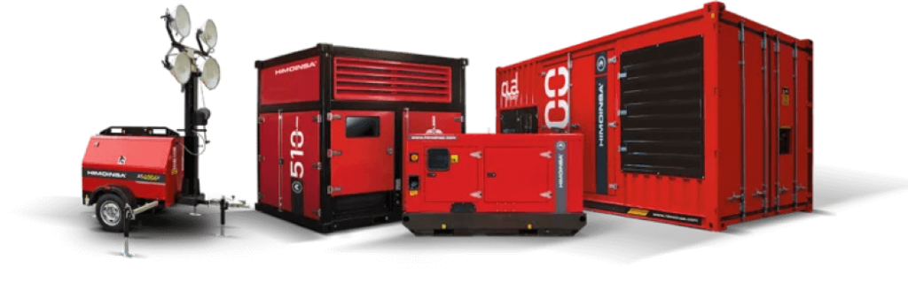 Red Himoinsa diesel generator sets, including a mobile light tower, enclosed units, and a containerized generator